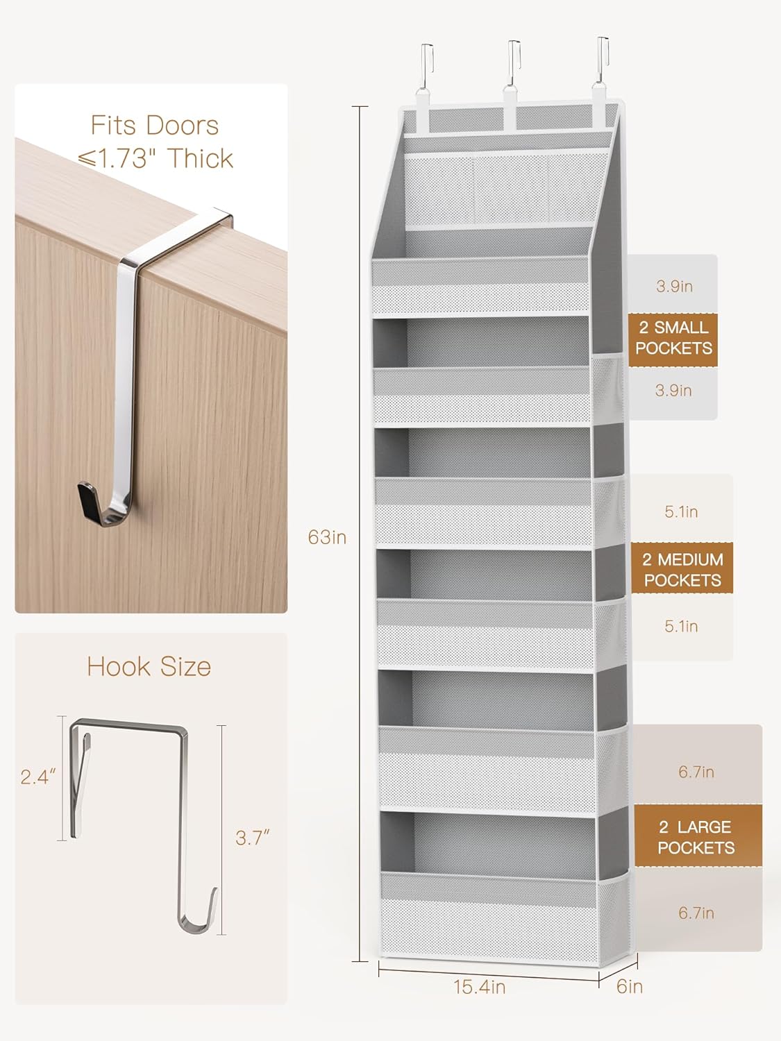 Criusia Over the Door Organizer, 6-Shelf Closet Hanging Storage with 13 Mesh Pockets, 55lbs Capacity Behind the Door Storage for Baby Nursery, Bathroom, Bedroom, and Dorm, Beige