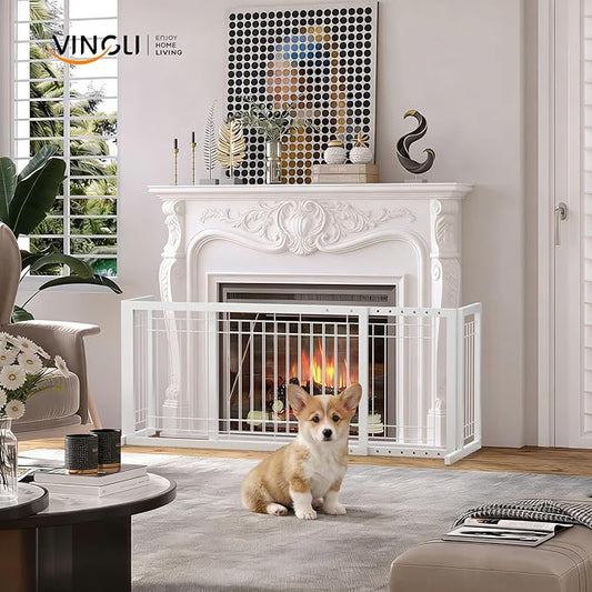 Bonnlo Free Standing Dog Gate, 37" - 68" Wide Pet Gate for Fireplace Stairs Doorways, Metal Adjustable Pet Fence Indoor, Christmas Tree Gate (Metal-White)