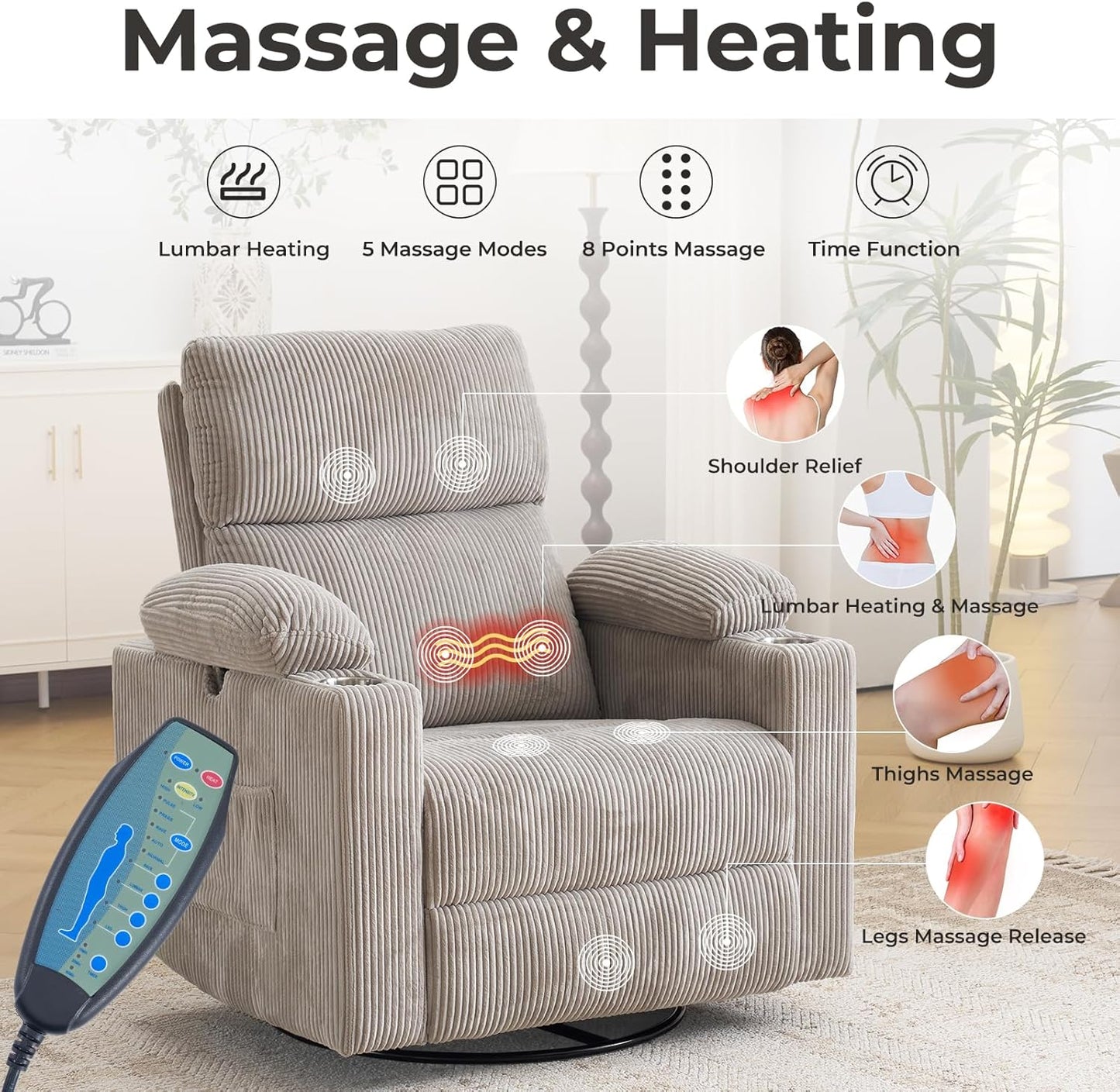 Rocking Chair Nursery with Adjustable Armrests, Electric Glider Recliner Nursing Chair for Breastfeeding, Power Swivel Recliner Chairs with Massage and Heat, Adjustable Headrest , FSC Certified, White