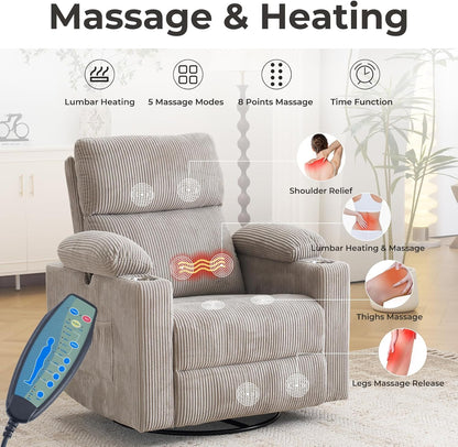 Rocking Chair Nursery with Adjustable Armrests, Electric Glider Recliner Nursing Chair for Breastfeeding, Power Swivel Recliner Chairs with Massage and Heat, Adjustable Headrest , FSC Certified, White