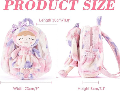 Gloveleya Back to School Gifts for Girls Backpack Plush Diaper Bag Detachabale Doll Tie-dye Purple and Soft Rabbit Design Aged 2+