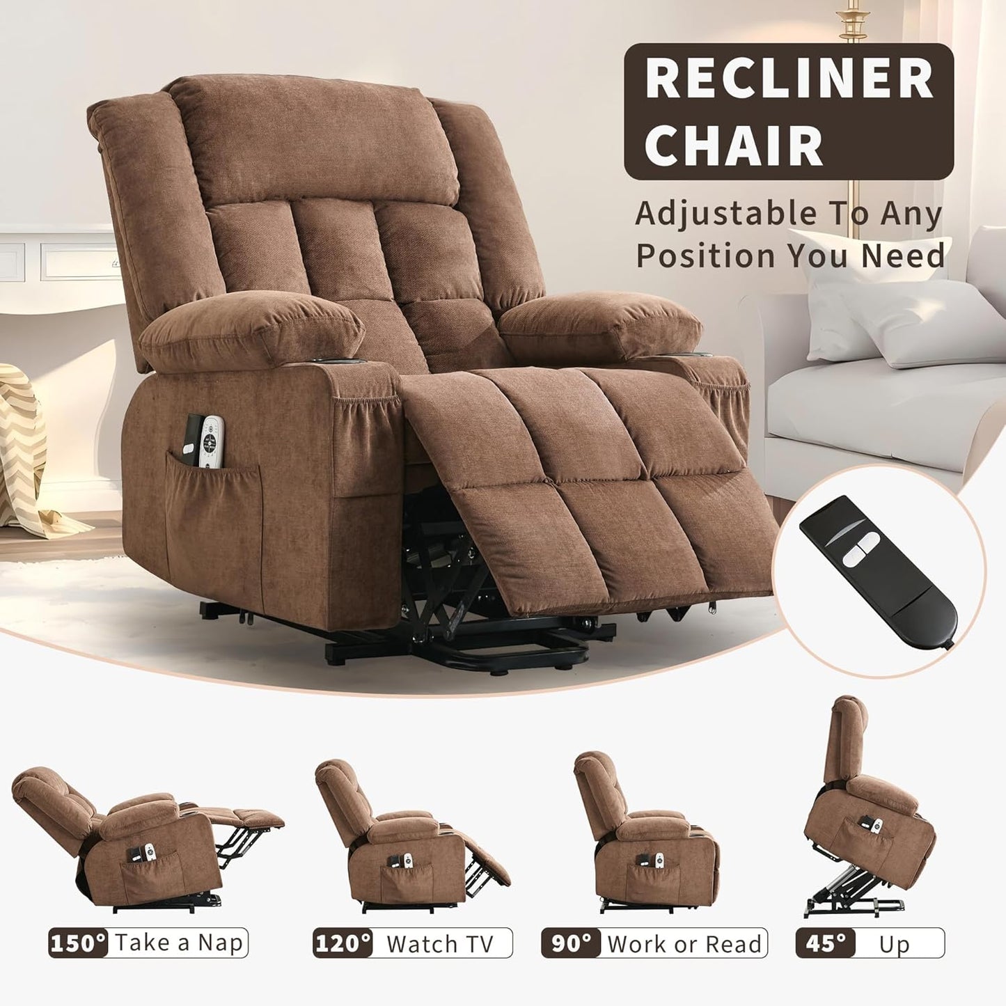Rocking Recliner Chair for Adults Wide 360° Swivel Rocker Recliner with Cup Holder Nursery Glider with Upholstered Deep Seat Linen Lazy boy Chair for Living Room Browm