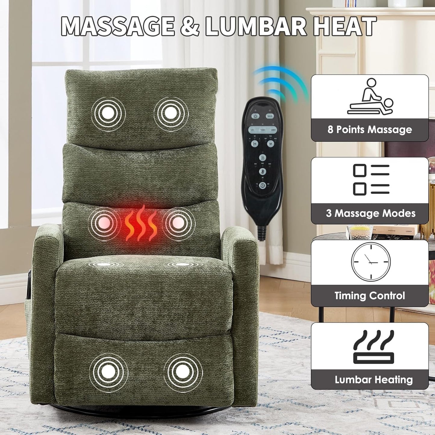 Trustyue Swivel Rocker Recliner Chair, 360° Swivel Recliner with Heat and Massage, Rocker Recliner Nursery Glider Chair with Side Pockets for Living Room (Beige, Fabric)