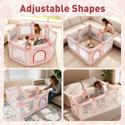 Baby Playpen for Babies and Toddlers, Upgraded 50x50 Inch Foldable No Assembly Required Play Yard with Breathable Mesh, Safe Playard with Gate, Indoor & Outdoor Infants Play Pen (1pc-Sand Checks)