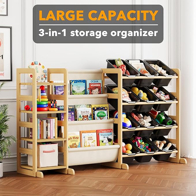 SpaceAid 3-in-1 Toy Storage Organizer with 4 Shelves and 12 Bins, Toy Organizers Storage 3-Tier Bookshelf, Kids Bin Shelf Box Bookcase for Bedroom Playroom Organization Room Decor, True Black