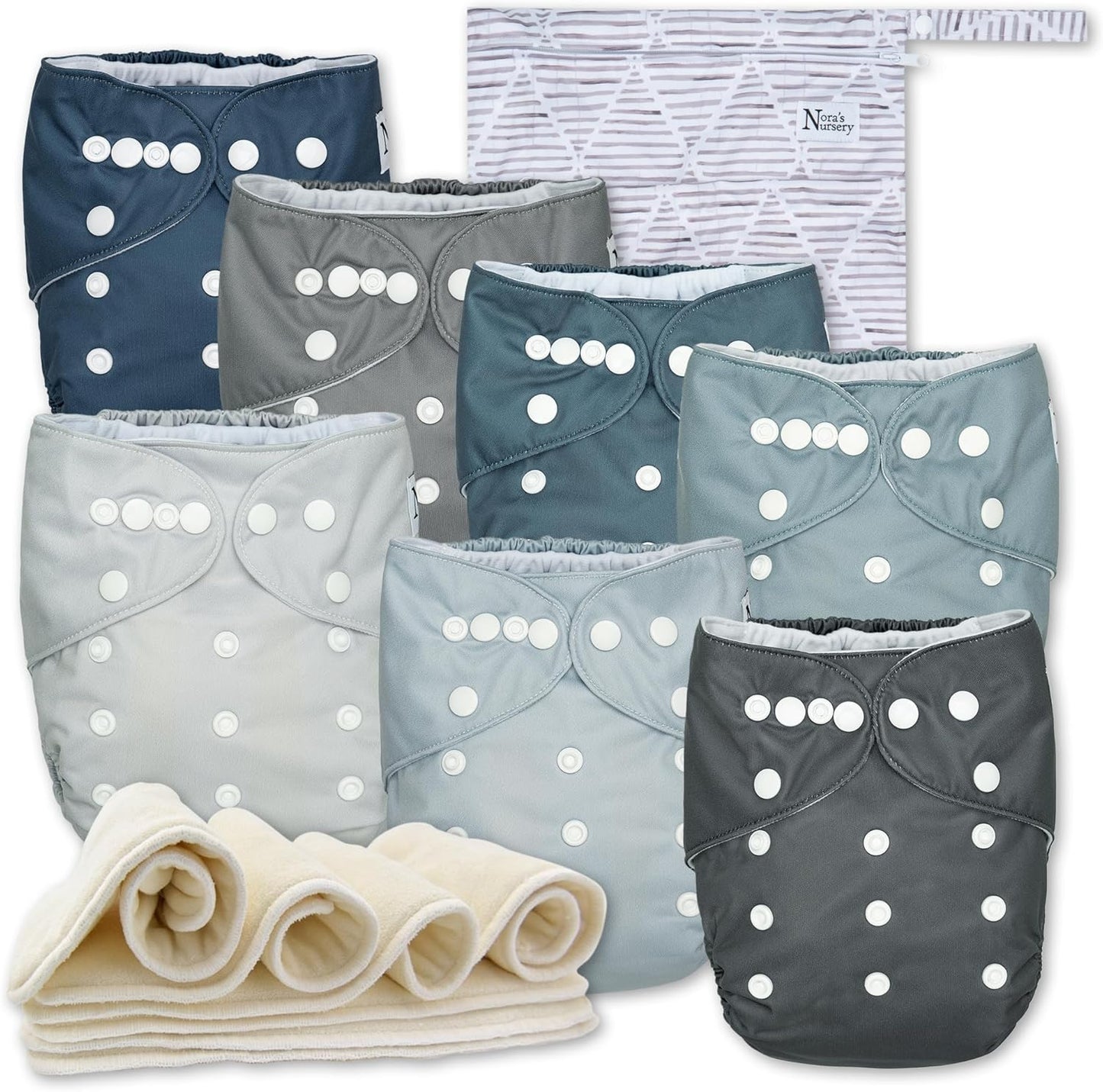 Nora's Nursery Cloth Diapers 7 Pack with 7 Inserts & 1 Wet Bag - Waterproof Cover, Washable, Reusable & One Size Adjustable Pocket Diapers for Newborns and Toddlers - Delilah