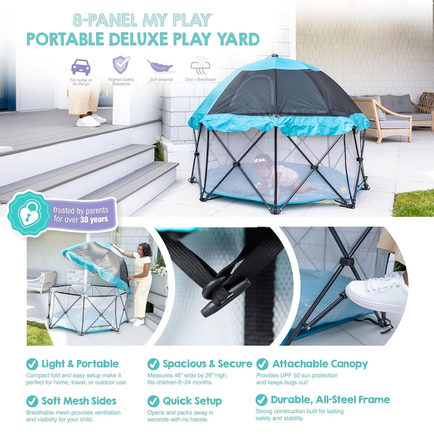 Regalo Safety My Play Deluxe Baby Playpen & Portable Play Yard with Canopy, Foldable 6-Panel Indoor Outdoor Playpen for Babies & Toddlers, Mesh Sides, Washable Nylon Bottom, 48", Aqua/Black
