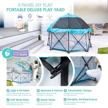 Regalo Safety My Play Deluxe Baby Playpen & Portable Play Yard with Canopy, Foldable 6-Panel Indoor Outdoor Playpen for Babies & Toddlers, Mesh Sides, Washable Nylon Bottom, 48", Aqua/Black