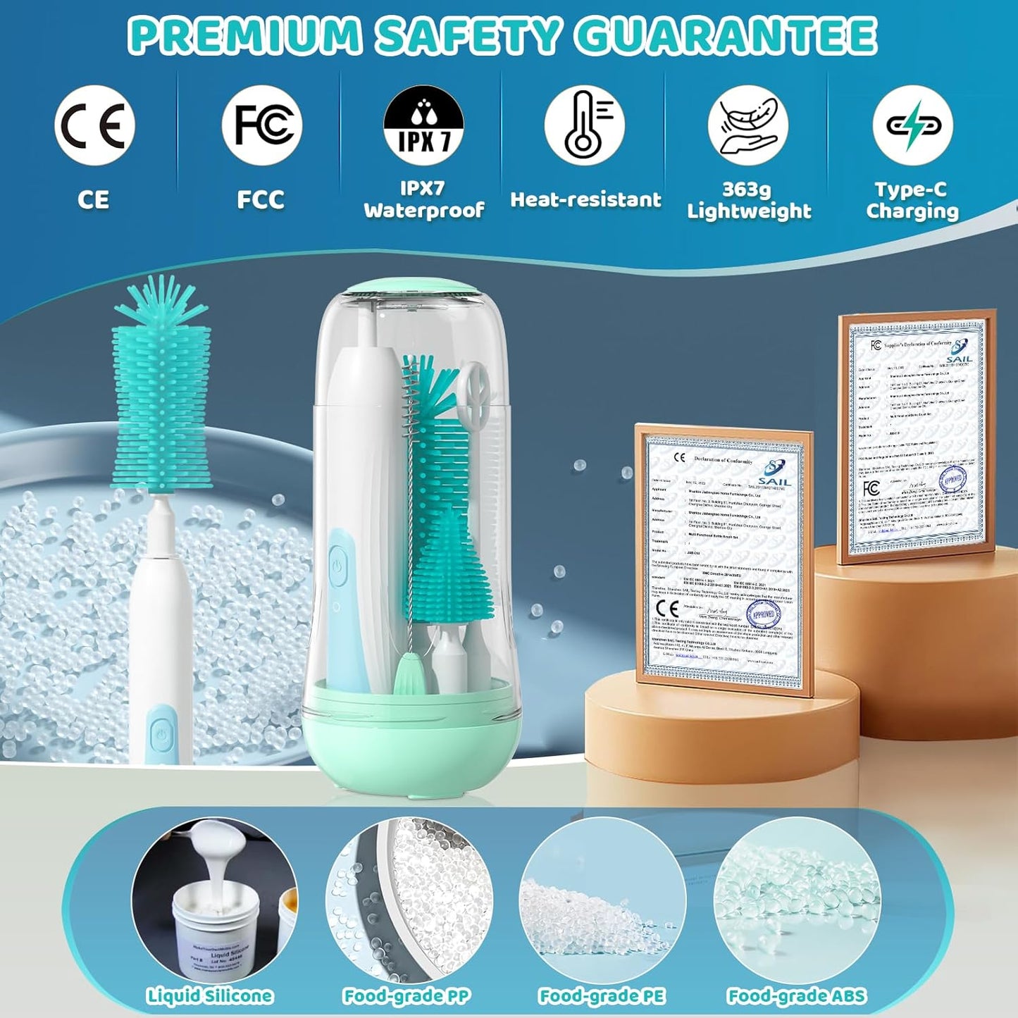 IvyWind Electric Travel Baby Bottle Brush Set with Storage Box, Automatic Bottle Cleaner Brush Kit with Silicone Bottle/Nipple/Straw Brush, Milk Frother Electric and Drainage Rack, Rechargeable, Green