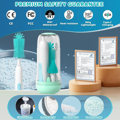IvyWind Electric Travel Baby Bottle Brush Set with Storage Box, Automatic Bottle Cleaner Brush Kit with Silicone Bottle/Nipple/Straw Brush, Milk Frother Electric and Drainage Rack, Rechargeable, Green
