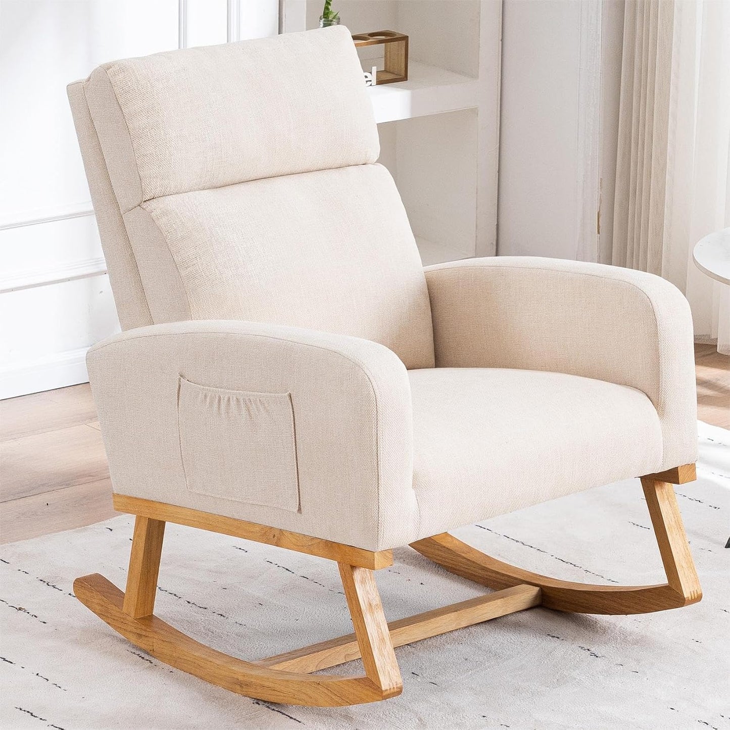 HCHAIRH Rocking Chair Nursery, Upholstered Fabricr Nursing Rocking Chairs with Soft High Back, Modern Nursery Glider Rocker for Mom Living Room, Bedroom, Camel