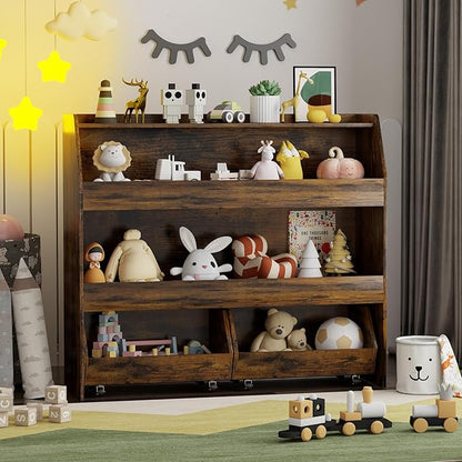 COZPAW Toy Storage Organizer, 3 Tier Montessori Shelf with Movable Bins (Brown)