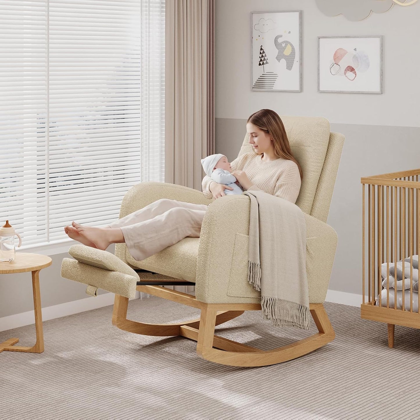 GarveeHome Nursery Rocking Chair with Adjustable Footrest, Teddy Fleece Upholstery, Sturdy Wooden Legs & High Backrest, Comfortable Glider Rocking Chair for Living Room or Bedroom, Pink