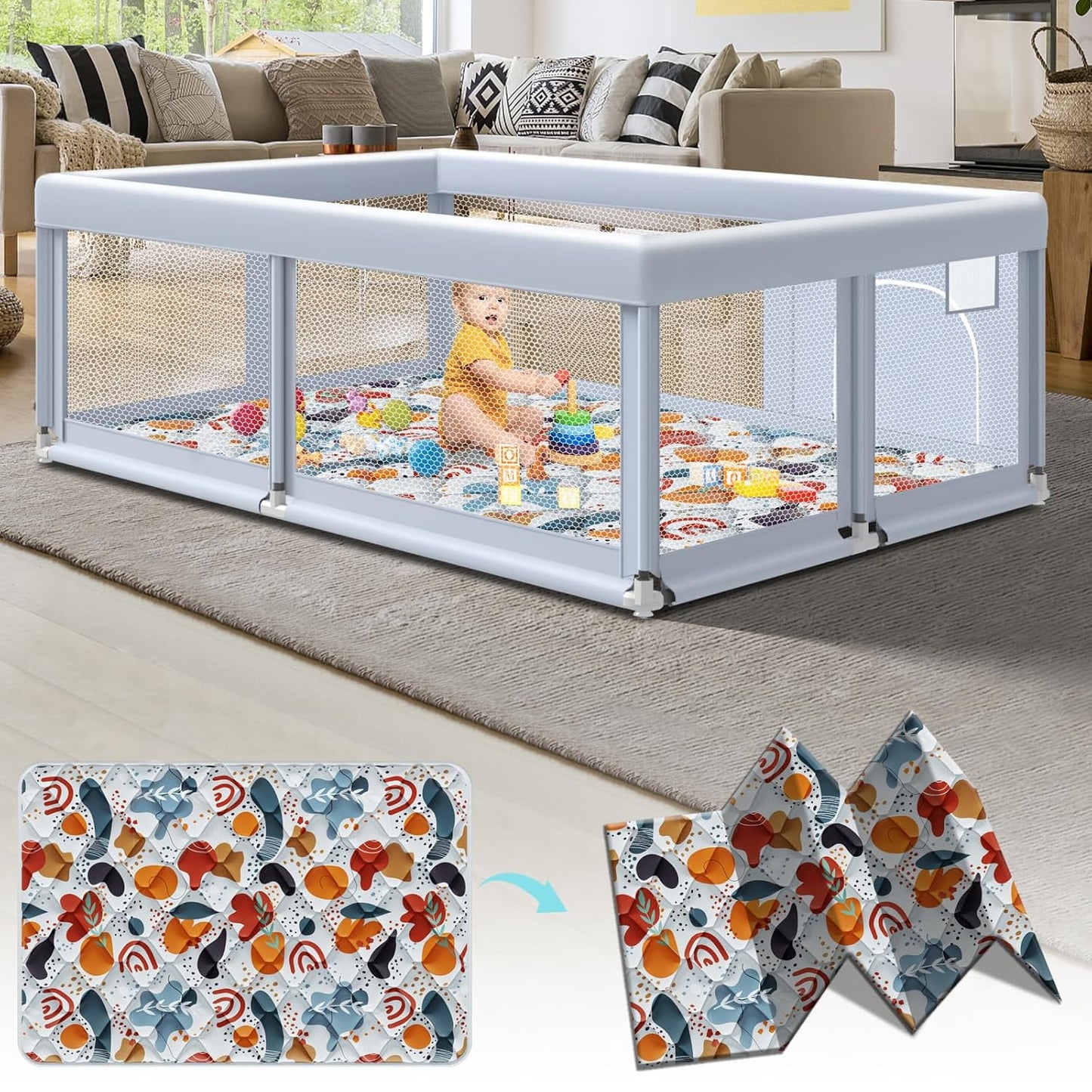 Fshibila 74" ×50" Large Baby Playpen, Baby Playard for Babies and Toddlers, Baby Fence Play Pens for Indoor & Outdoor, Sturdy Safety Play Yard with Soft Breathable Mesh, Anti-Fall, Grey