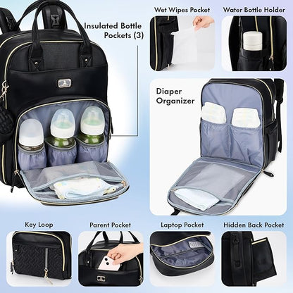Dikaslon Leather Diaper Bag Backpack with Portable Changing Pad, Pacifier Case and Stroller Straps, Large Unisex Baby Bags for Boys Girls, Multipurpose Travel Back Pack for Moms Dads, Black