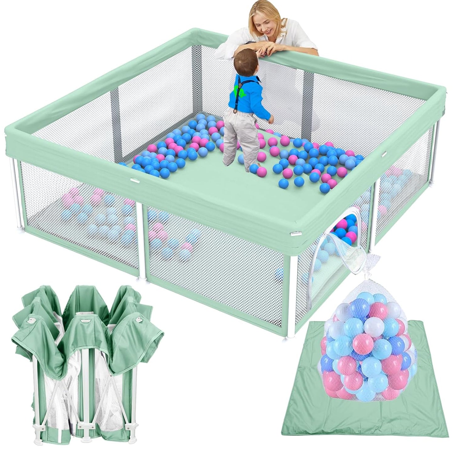 TOREVSIOR Foldable Baby Playpen with Mat, 50"×50" Collapsible Play Pen for Babies and Toddlers, Indoor & Outdoor Kids Safety Play Pen, Portable Play Yard, Foldable Baby Playpen with 50 Ocean Balls