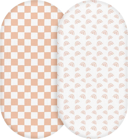Muslin Bassinet Fitted Sheets 2 Pack, Soft Breathable Cotton Baby Bassinet Mattress Sheet Set, 360° Elastic Snug Fit, Universal for Oval, Rectangle & Hourglass Cradle, Unisex Baby Bedding (Cute Cars)