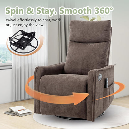 cinkehome Swivel Rocker Recliner, Glider Rocker Recliner Chair for Nursery, Manual Reclining Chair with Heated Massage, Small Spaces, Living Room, Khaki Chenille