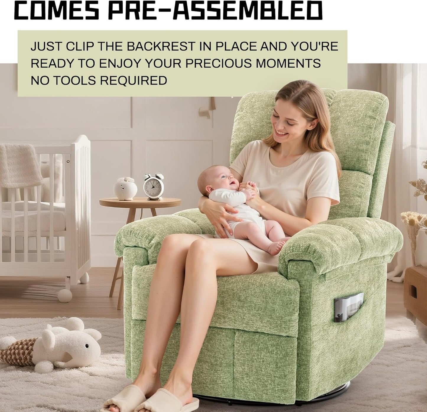 Korser Recliner Chair, Swivel Rocker Recliner Chair for Adults, Small Recliners for Small Spaces, Upholstered Manual Recliner with Side Pockets, Nursery Rocking Chair for Living Room, Chenille, Beige