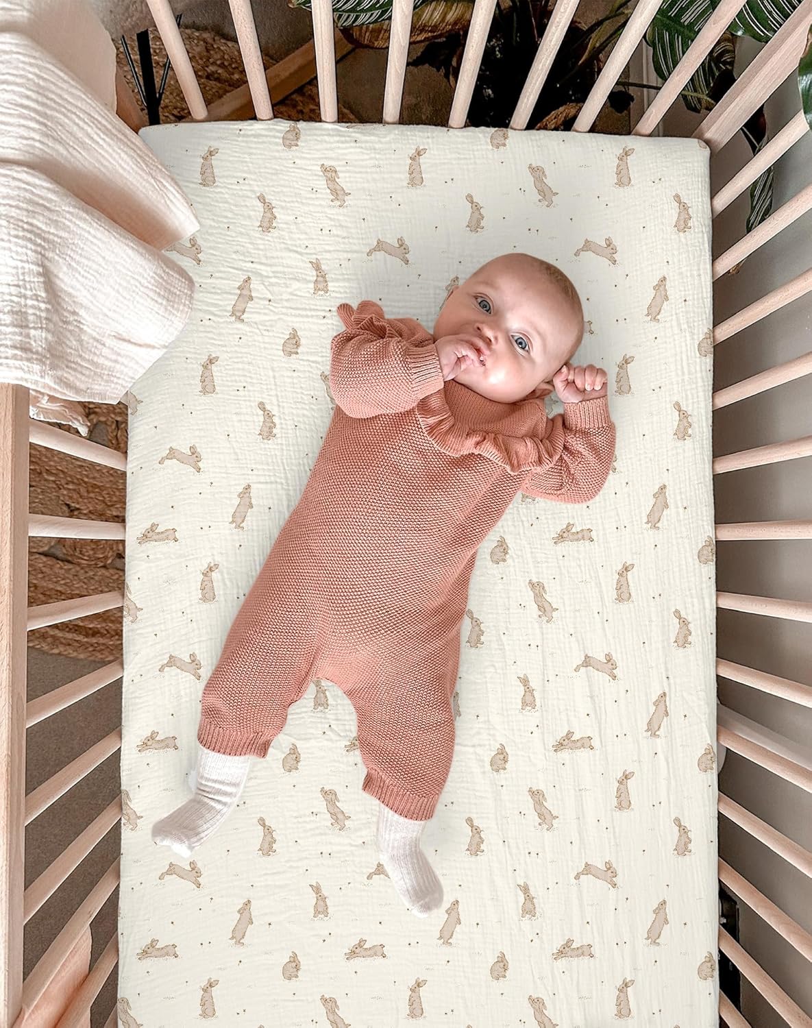Muslin Bedside Bassinet Sheets 2 Pack, 33x20 Fitted Ultra Soft & Breathable Bedside Sleeper Sheets, Ideal for Baby Girl and Boy, Perfect for Newborns (Hopping Bunnies & Beige)