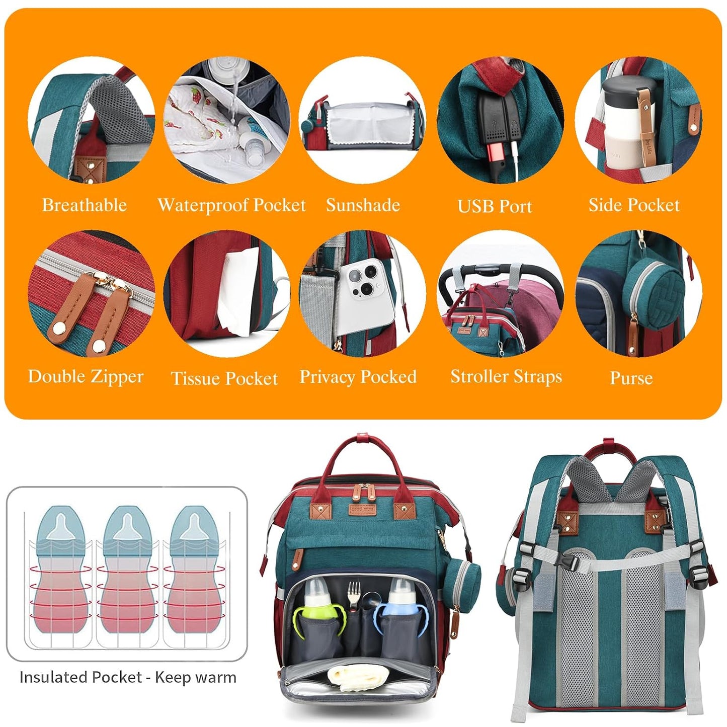 Astro alan Baby Diaper Bag with Changing Station, Waterproof Diaper Bag Backpack for Moms Dads with USB Charging Port, Baby Shower Gifts, Large Capacity diaper backpack, Grey