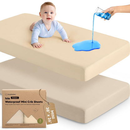 2-Pack Waterproof Pack and Play Sheets, Mini Crib Sheets Fitted for Boy, Girl - 38 x 26 Viscose from Bamboo Pack N Play Mattress Sheets for Graco, Toddler Playard Baby Crib Sheets Neutral (Blue Flax) - Colors B