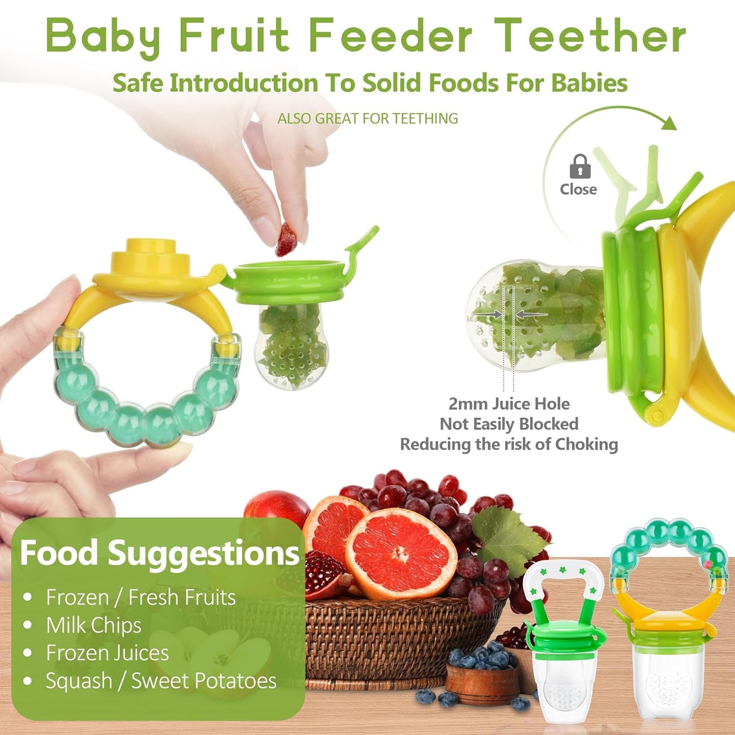 WAJIAYON Baby Fruit Feeder Pacifier - 12 Pack | 2 Infant Food Feeder Pacifier & 1 Babies Food Dispensing Spoon | Fresh Fruit Teethers for Babies | Silicone Feeder Baby,Infant Teething Feeders(Green)