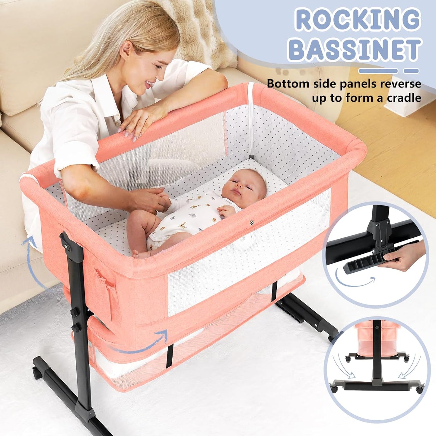 Semphis Baby Bassinet, 3 in 1 Bassinets Bedside Sleeper, Adjustable Height Bedside Sleeper with Rocking Mode, Breathable Mesh, Storage Basket, Wheels, Easy Assemble & Folding (Gray)