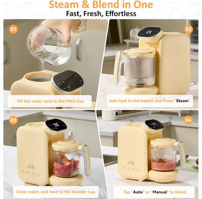 Chefhandy Baby Food Maker, Steamer & Blender with Stainless Steel Basket, Puree Maker with Auto/Manual Blend, Bottle Warmer & Sterili-zer, Safe & Easy-to-Clean Compact Baby Food Processor (Yellow)