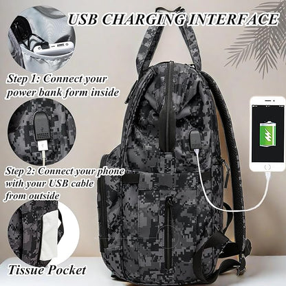 Camo Diaper Bag Backpack for Dad and Mom with USB Charging Port Stroller Straps and Insulated Pocket,army military Travel Nappy Backpack (DADDY and MOMMY patches)