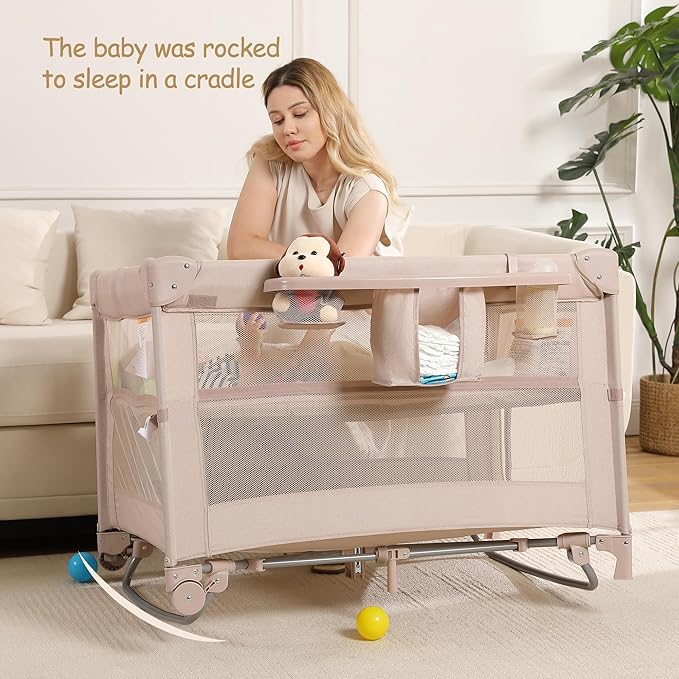 4 in 1 Pack and Play, Portable Travel Baby Bassinet, Foldable Travel Playard Playpen for Toddler, Bedside Crib Sleeper, Diaper Changer Table, Baby Playard for Newborn (Champagne)
