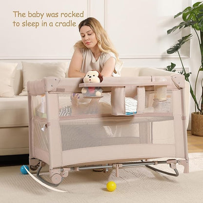 4 in 1 Pack and Play, Portable Travel Baby Bassinet, Foldable Travel Playard Playpen for Toddler, Bedside Crib Sleeper, Diaper Changer Table, Baby Playard for Newborn (Champagne)