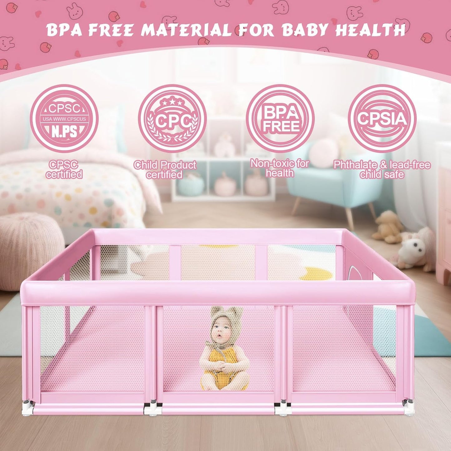 Fshibila 74" ×50" Large Baby Playpen, Baby Playard for Babies and Toddlers, Baby Fence Play Pens for Indoor & Outdoor, Sturdy Safety Play Yard with Soft Breathable Mesh, Anti-Fall, Grey
