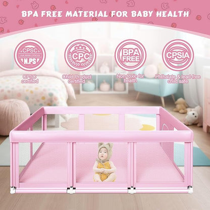 Fshibila 74" ×50" Large Baby Playpen, Baby Playard for Babies and Toddlers, Play Pens for Indoor & Outdoor, Sturdy Safety Play Yard with Soft Breathable Mesh, Anti-Fall, Pink