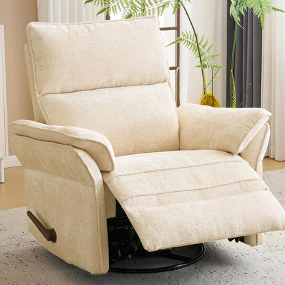 Oversized Swivel Rocker Recliner with Adjustable Headrest, Rocking Chair Nursery with Overstuffed Armrest, Manual Rocker Recliner Nursery Chair for Living Room, White