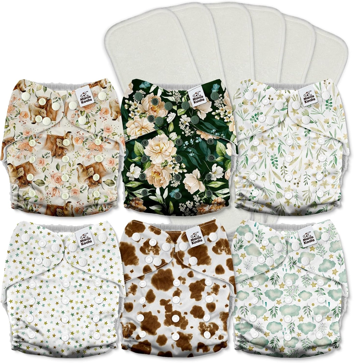 Mama Koala 3.0 Pocket Cloth Diapers for Babies with AWJ Lining, 6 Pack with 6 4-Layer Natural Cloth Diaper Inserts - Reusable and Washable Pocket Diapers(Hardworking Bees) - Colors B