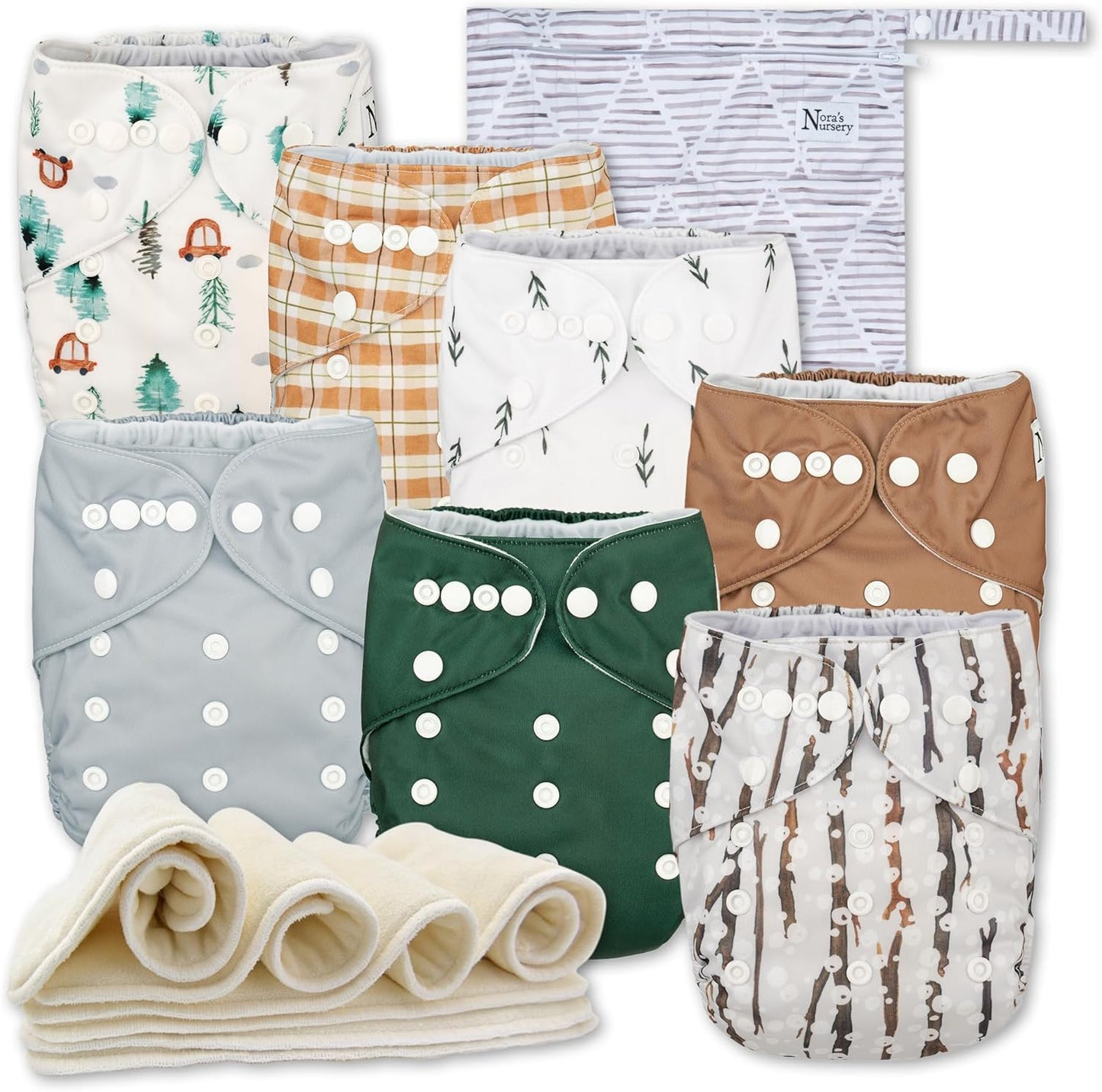 Nora's Nursery Cloth Diapers 7 Pack with 7 Inserts & 1 Wet Bag - Waterproof Cover, Washable, Reusable & One Size Adjustable Pocket Diapers for Newborns and Toddlers - Delilah
