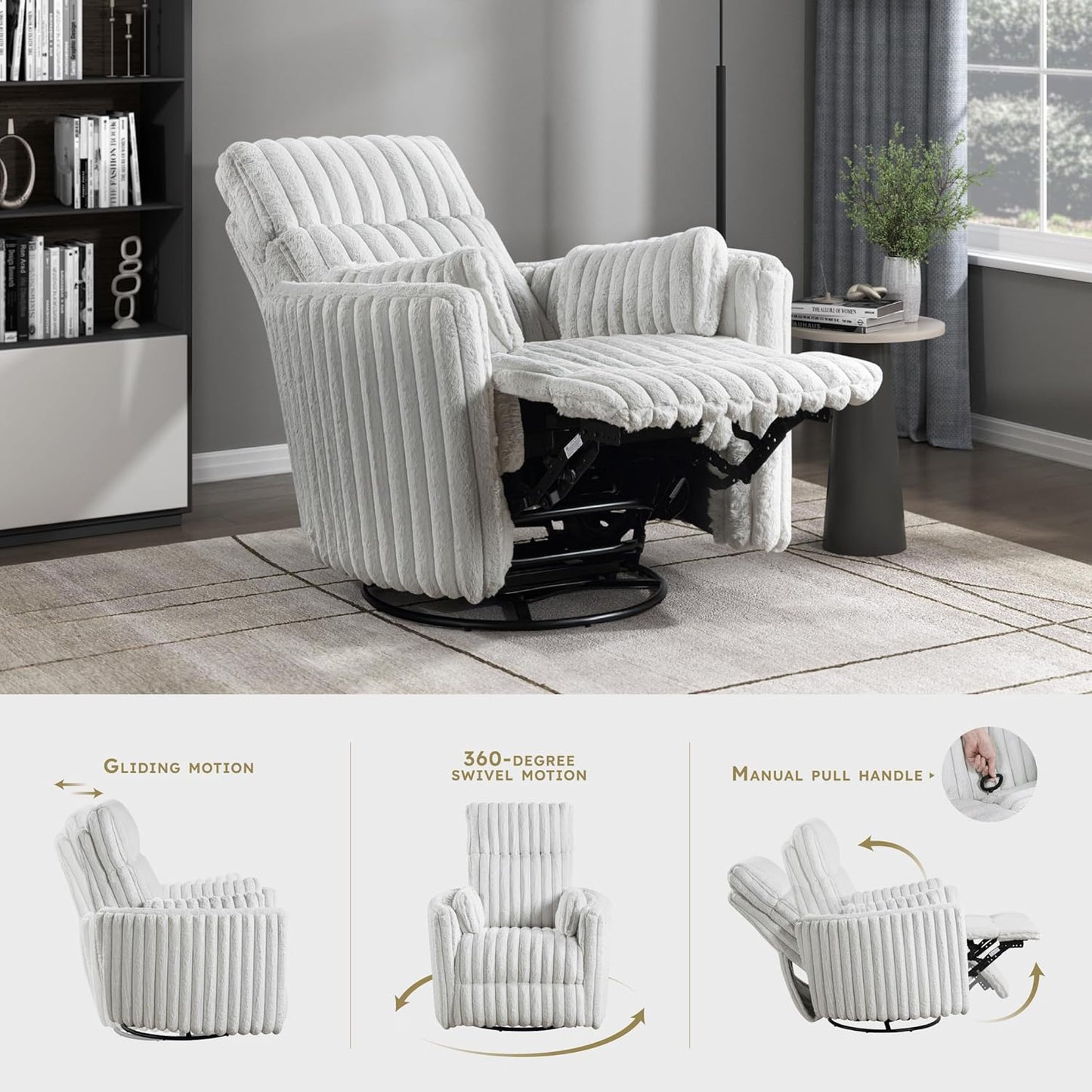 Lexicon Modern Swivel Glider Recliner Chair, Nursery Glider, Corduroy Fabric Upholstery Recliner with High Back, Manual Recliner Sofa Chair for Living Room/Office/Apartment, Gray