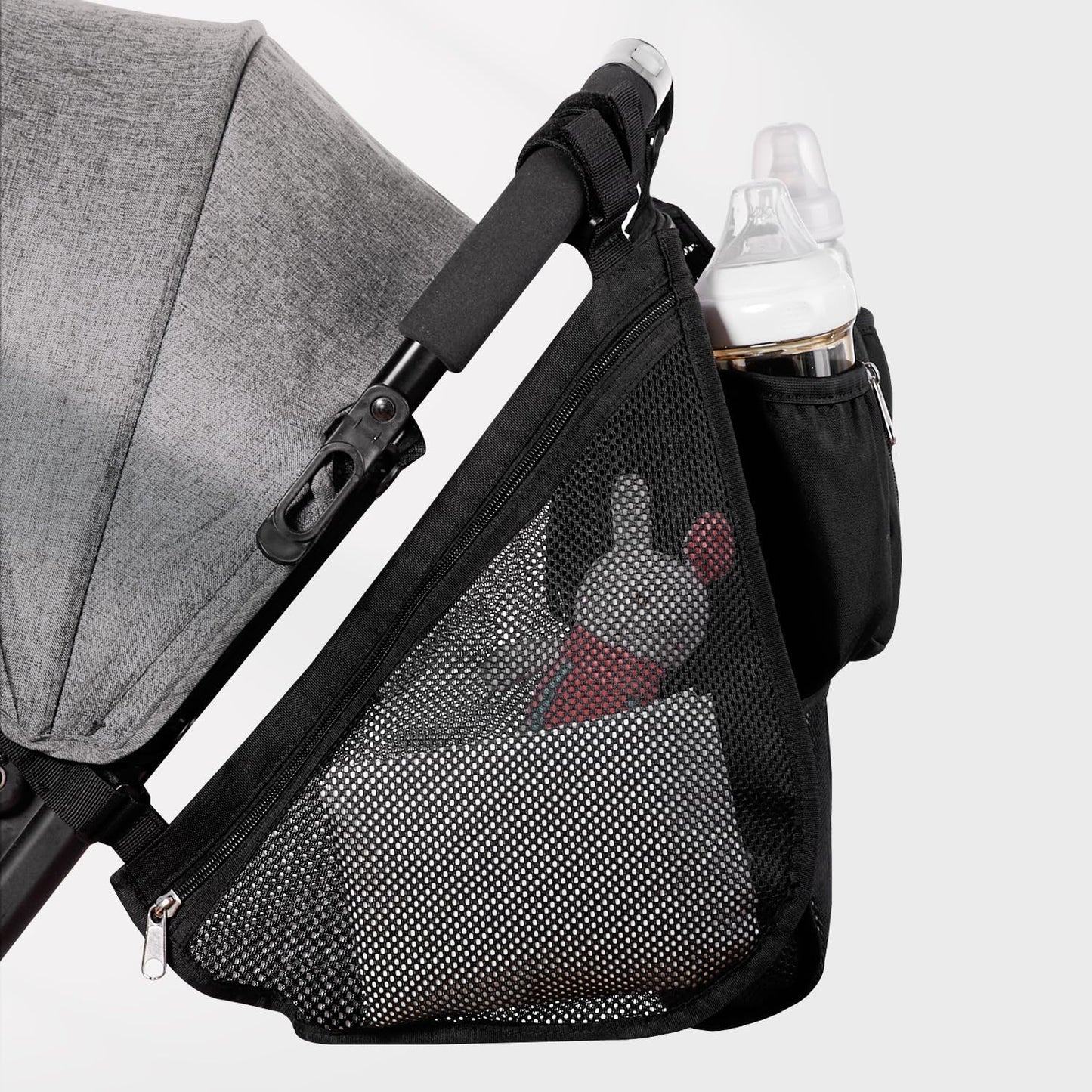 SUNVENO 2-pack Universal Stroller Organizer Caddy with Cup Holders, Wipes Pouch and Extra Storage, Zippered Mesh Side Sling for Pushchair, Black