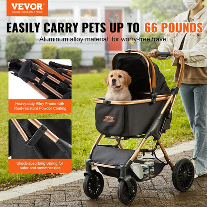 VEVOR Pet Stroller, 44 lbs Weight Capacity, Foldable Dog Cart, 4 Wheels Cats Stroller with Mesh Windows & Revrsible Handle, Portable Pet Carrier with Brake, for Small to Medium Pets