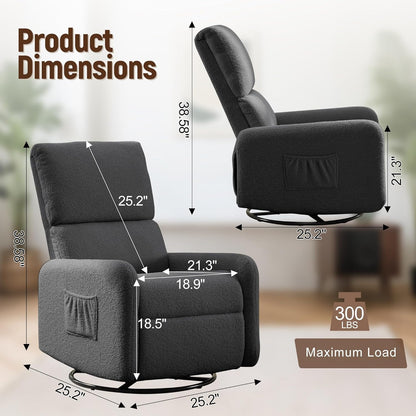 Korser 360° Rocking Chair, Nursery Rocker Chair with Side Pockets, Glider Nursing Chair with Steel Structure Base, Small Chair for Small Spaces, Sherpa Swivel Accent Chairs for Living Room, Nursing
