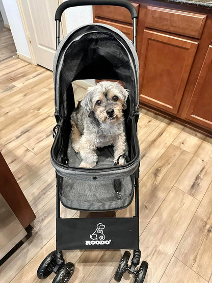 ROODO 4 Wheel Dog Cat Pet Stroller Best Lightweight Foldable Compact Portable Jogger All Terrain Travel Pet Gear Puppy Doggie Bunny Kitty Stroller for up to 30lbs Medium Small Dogs Cats(Light Khaki)