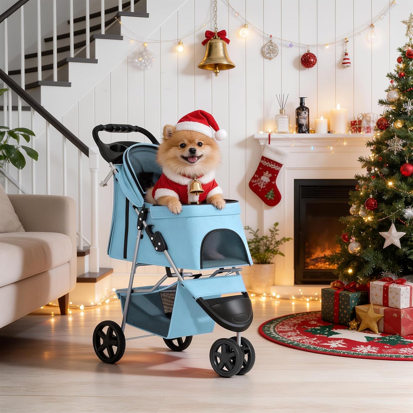 MoNiBloom Foldable Pet Stroller with Weather Cover, 3 Wheels Pet Strolling Cart for Small/Medium Dogs and Cats with Storage Basket and Cup Holder, Breathable and Visible Mesh for All-Season, Black