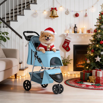MoNiBloom Foldable Pet Stroller with Weather Cover, 3 Wheels Pet Strolling Cart for Small/Medium Dogs and Cats with Storage Basket and Cup Holder, Breathable and Visible Mesh for All-Season, Black