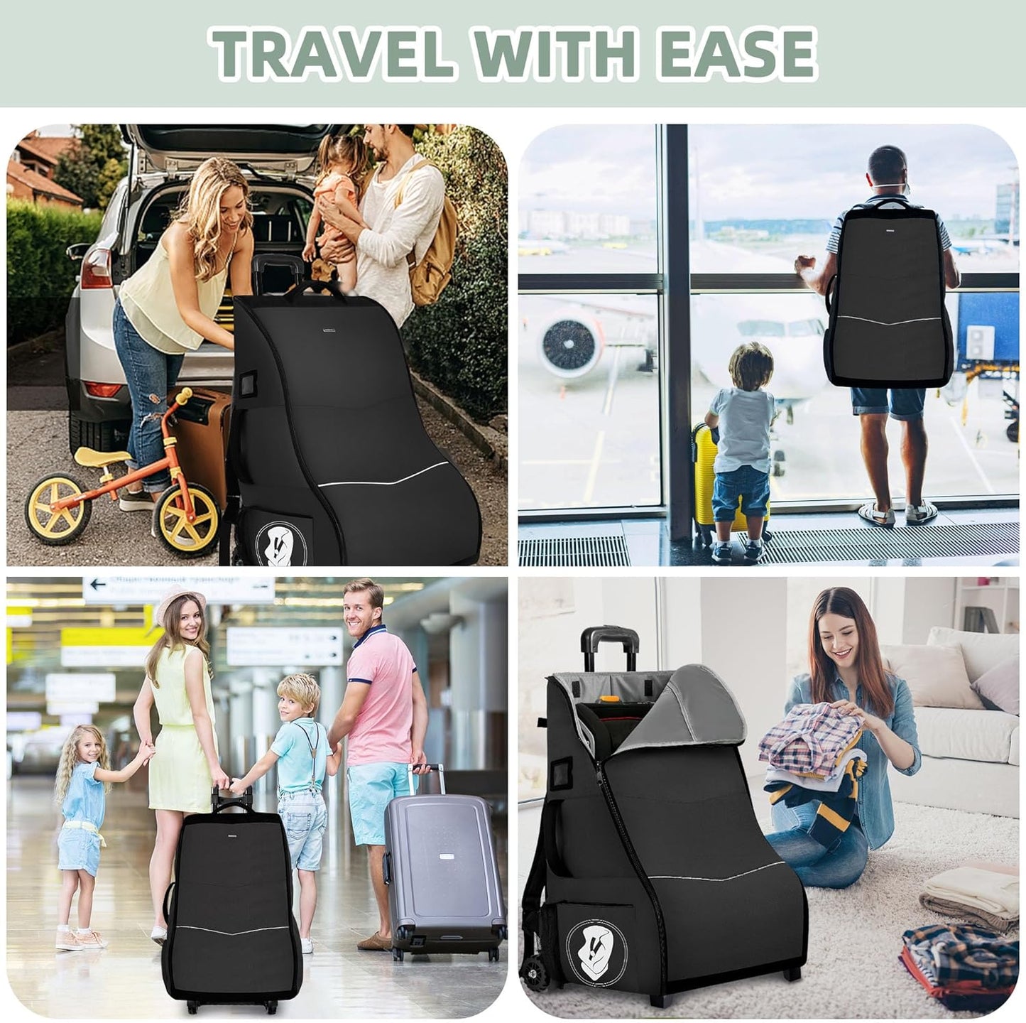 Rolling Car Seat Travel Bag with Wheels – Car Seat Backpack Transport Case for Airplane Travel, Fits Convertible & Booster Seats, Protective Storage Cover, Black