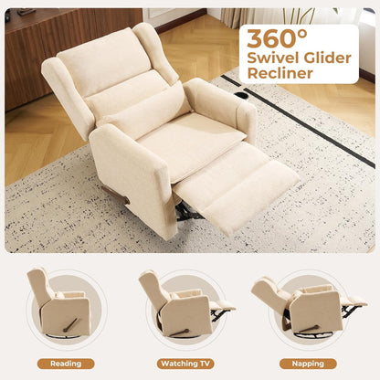Large Glider Rocker Recliner,Rocking Chair Nursery with Adjustable Headrest,Swivel Rocker Recliner with Lumbar Support,Manual Nursery Rocker Recliner for Living Room& Bedroom,Chenille White
