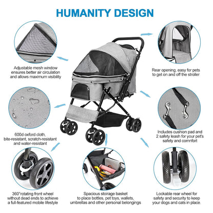 Lightweight Dog Stroller with Reversible Handle for Medium Small Dogs and Cats, Foldable Pet Stroller Travel Carriage with Large Storage Basket, 4 Wheels, Black