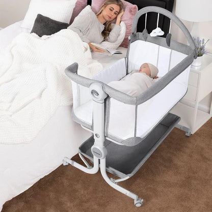 Cowiewie Baby Bassinet 4-Sided Mesh Bedside Sleeper with Wheels for Infant/Newborn Foldable Adjustable Height Portable Bedside Crib(Grey) | Breathable Mesh