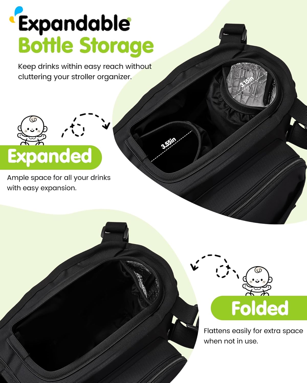 Double Stroller Organizer with 11 Compartment for Bob Duallie, Baby Jogger City Mini GT2, Double Jogging Stroller Caddy, Jeep, Zoe Stroller Accessories with 2 Insulated Pocket, Parent Console