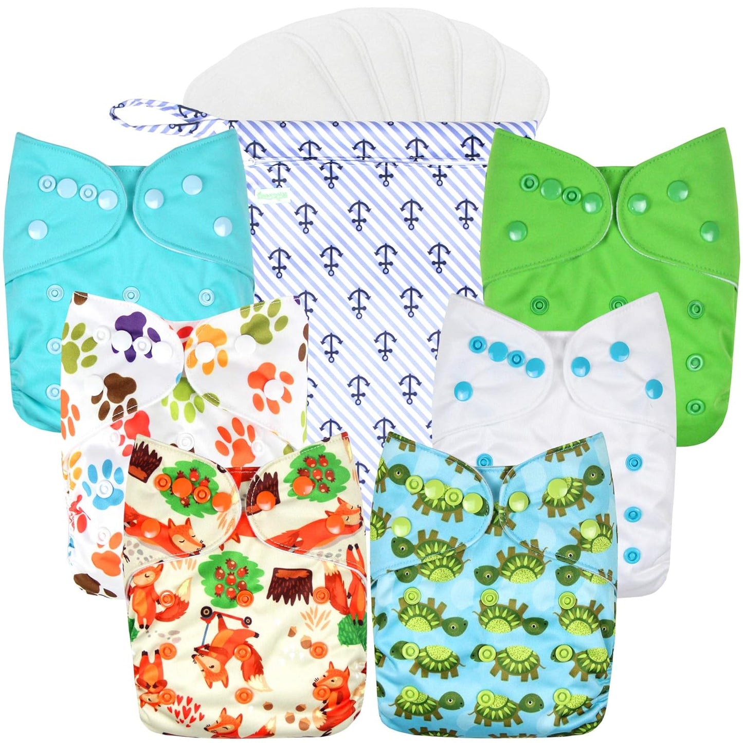 wegreeco Cloth Diapers 6 Pack with 6 Inserts & 1 Wet Bag, Washable Cloth Diapers for Babies, One Size Adjustable Reusable (Flower)